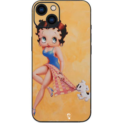Betty Boop With Puppy Orange Background iPhone 14 Plus Skin